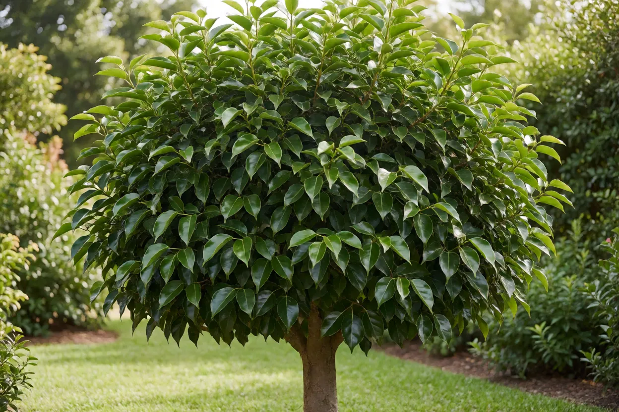 Figueira-triangular adulta com copa arredondada e folhas triangulares em jardim