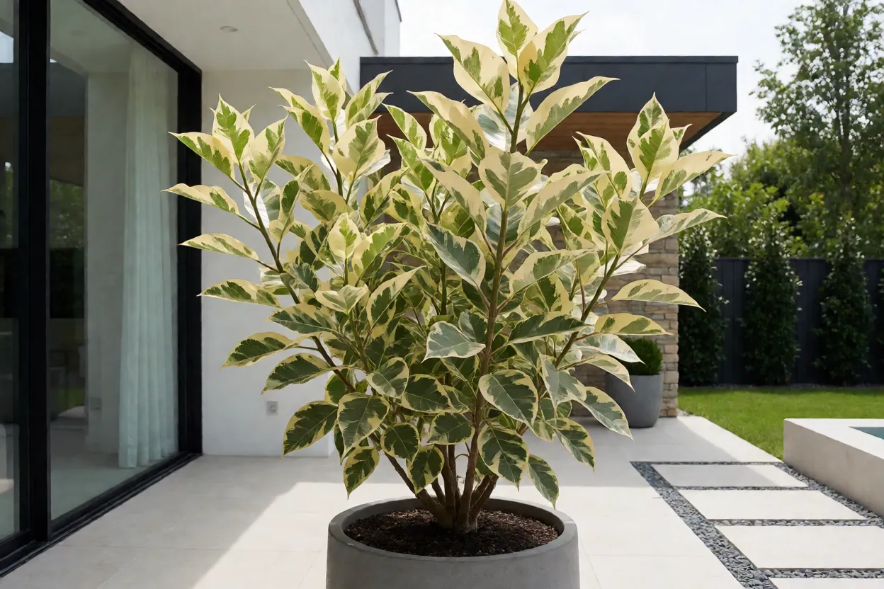 Figueira-triangular variegata em vaso grande em pátio moderno