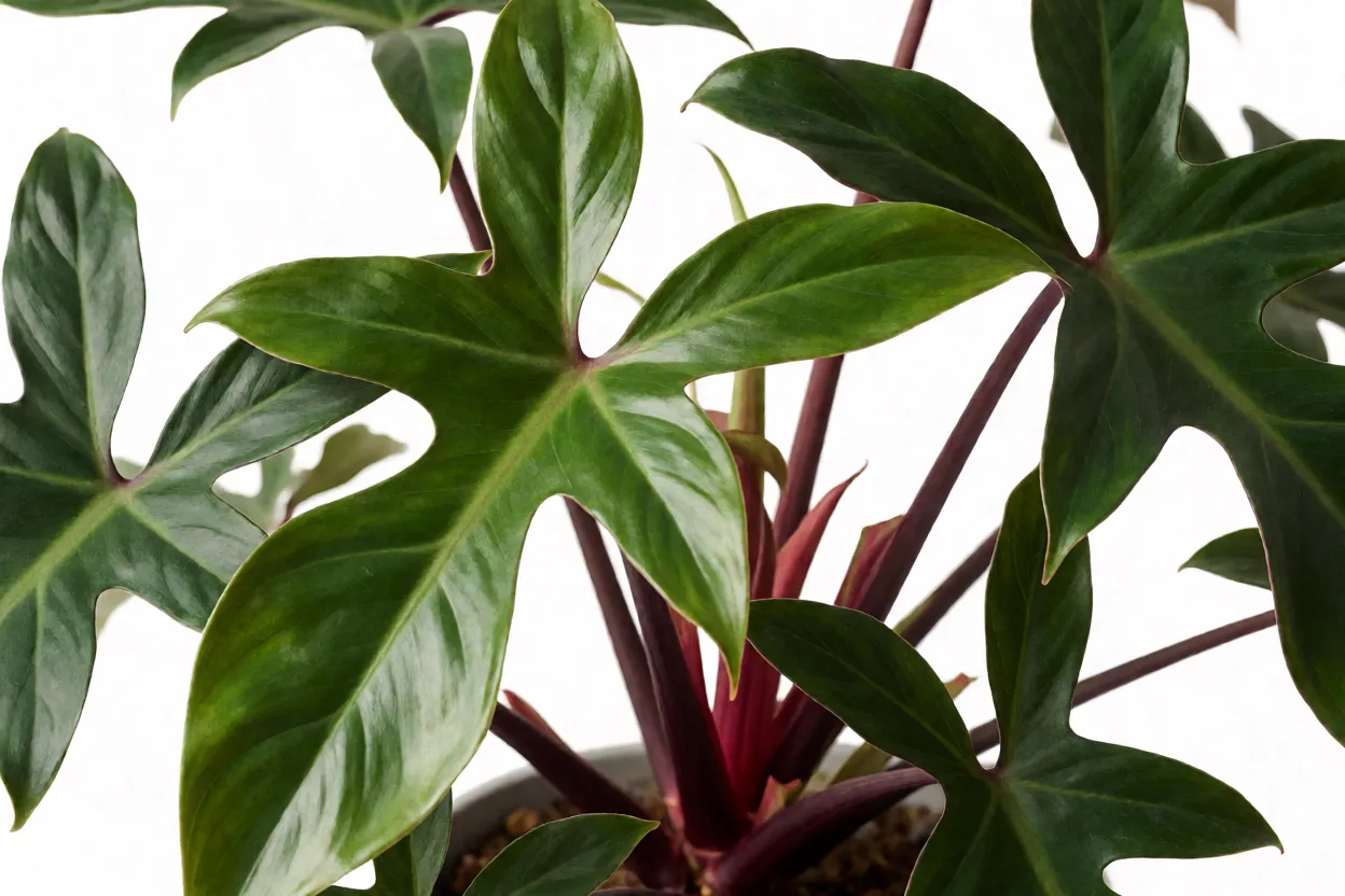Filodendro-roxo: características das folhas, crescimento e cuidados Detalhe das folhas sagitadas e pecíolos vermelhos do Philodendron erubescens
