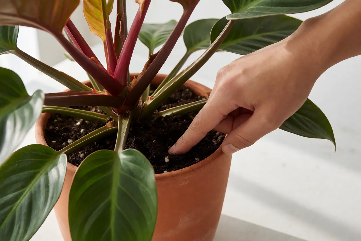 Filodendro-roxo: características das folhas, crescimento e cuidados Teste de umidade do substrato do filodendro-roxo com o dedo
