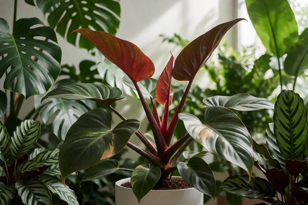 Filodendro-roxo: características das folhas, crescimento e cuidados Filodendro-roxo em ambiente úmido com outras plantas tropicais