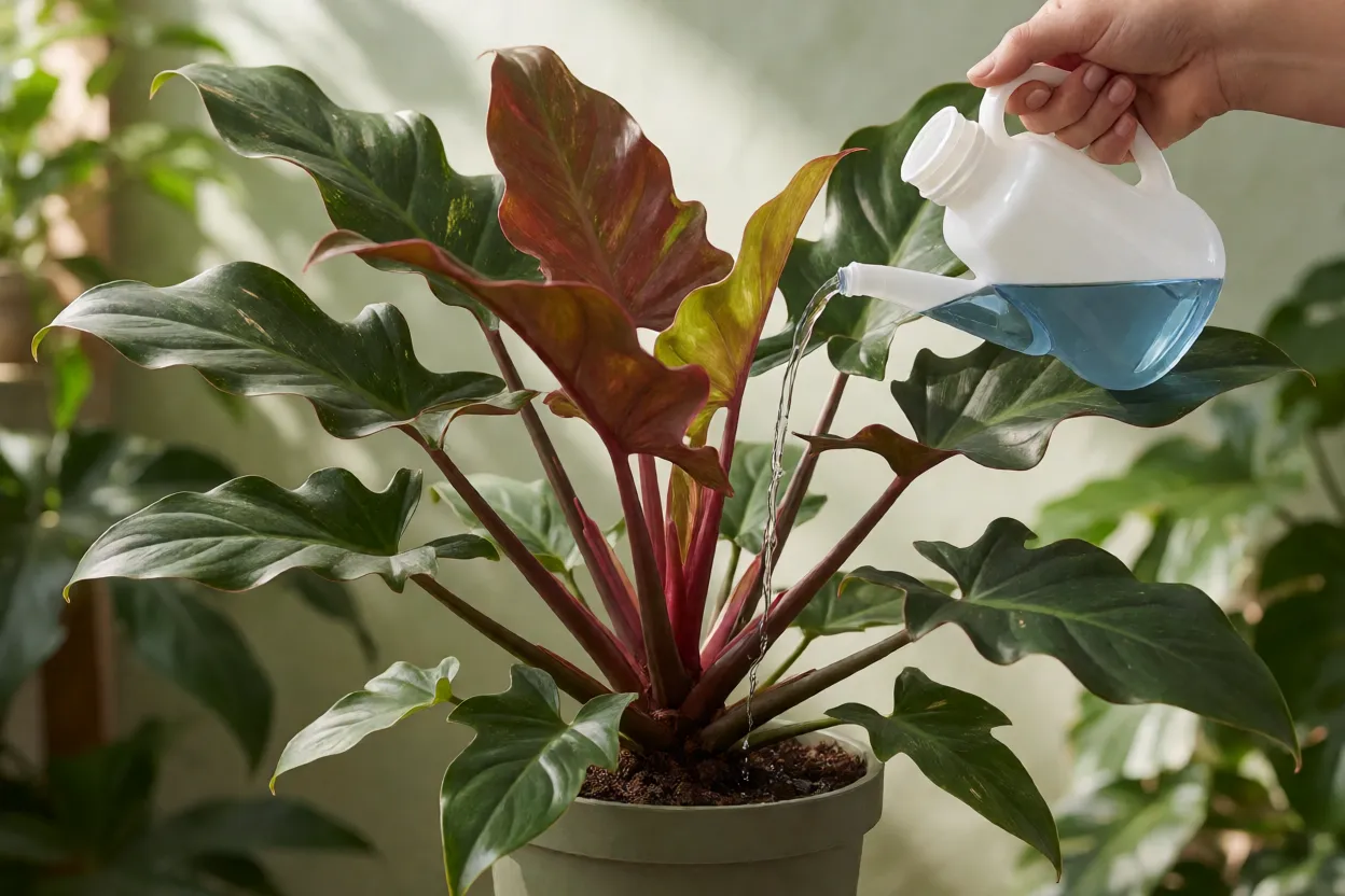 Filodendro-roxo: características das folhas, crescimento e cuidados Aplicação de fertilizante líquido no substrato do filodendro-roxo