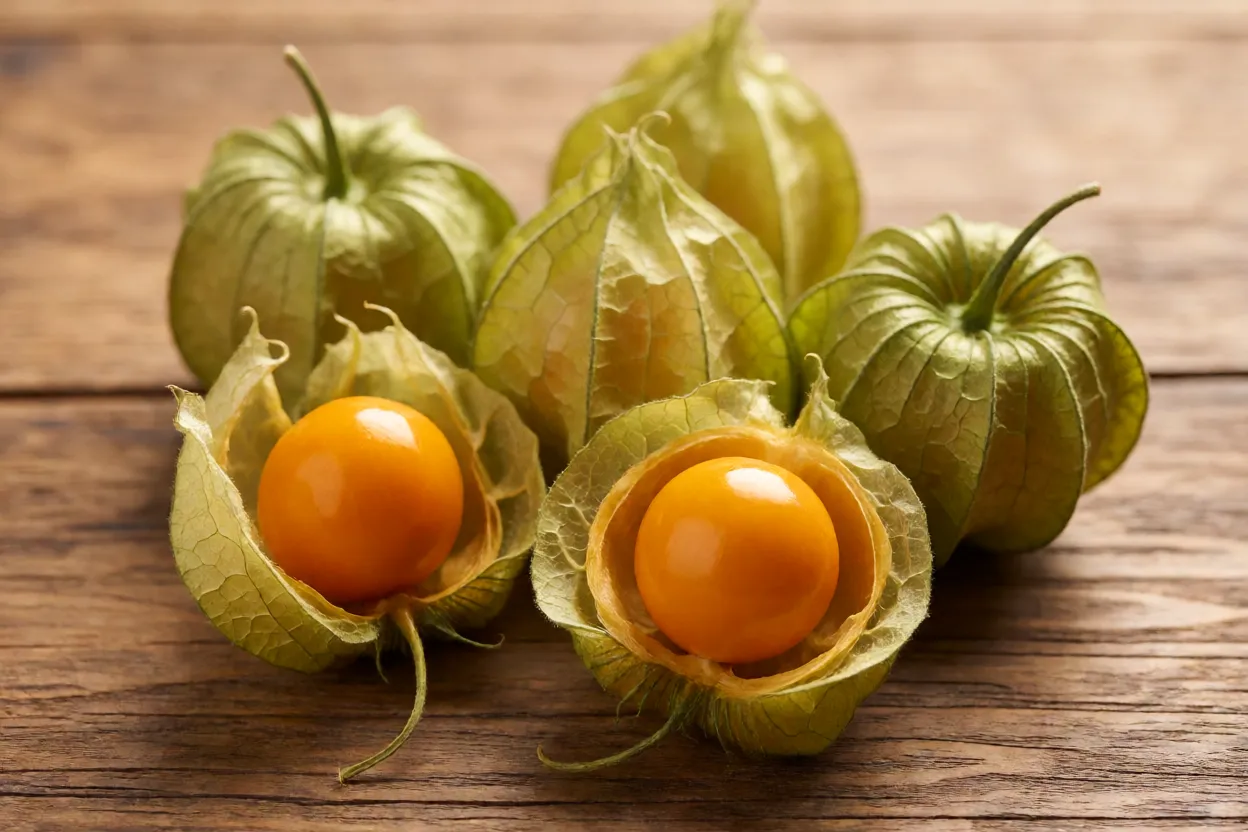 Fisális Frutos de fisális com capulho palha e um fruto cortado mostrando polpa alaranjada