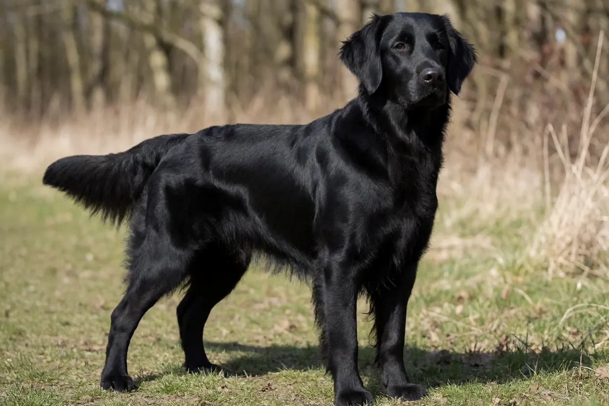 Flat-Coated Retriever adulto de pelagem preta em pé ao ar livre