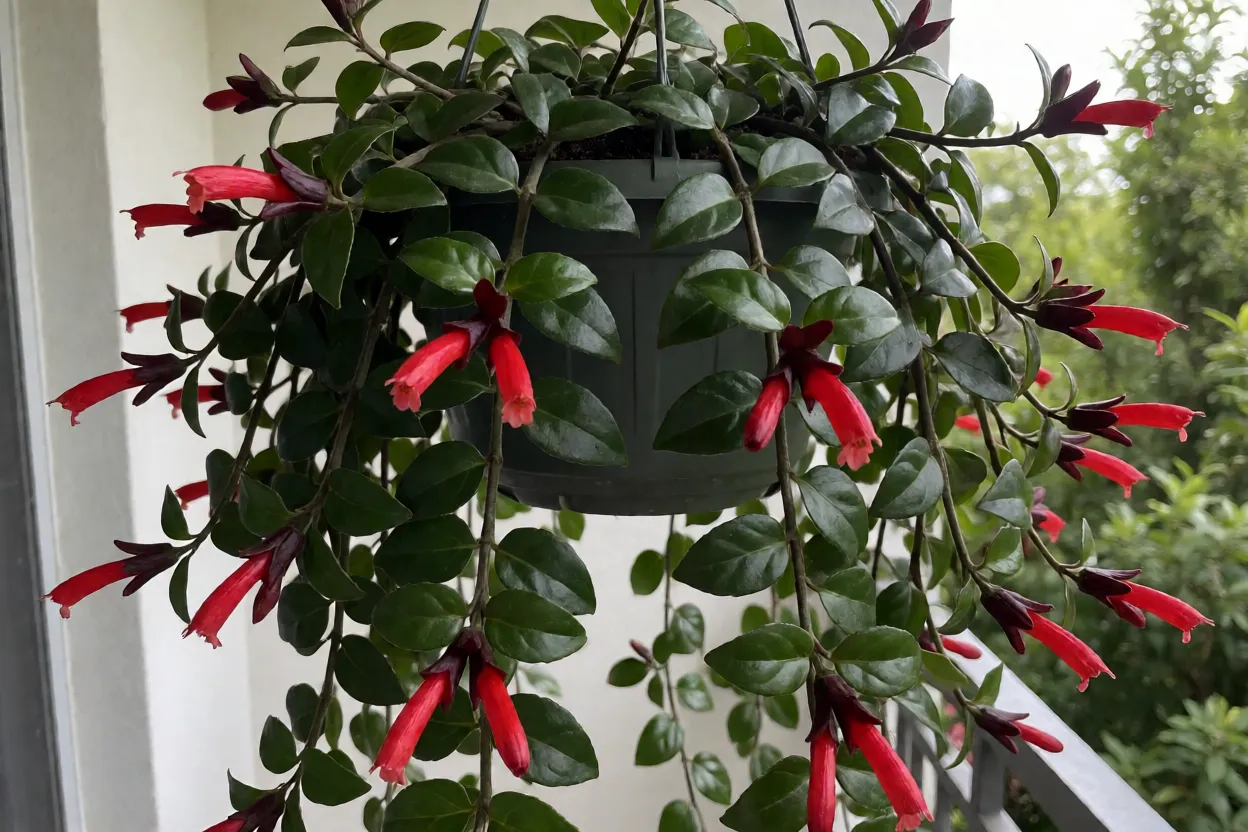 Flor-batom Flor-batom adulta em vaso pendente com ramos longos e flores vermelhas tubulares