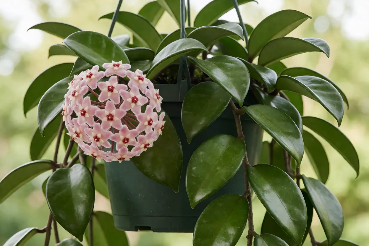 Flor-de-cera: variedades, características das flores e cuidados Flor-de-cera (Hoya carnosa) em vaso suspenso, com folhas verdes brilhantes e buquê de flores rosa e brancas