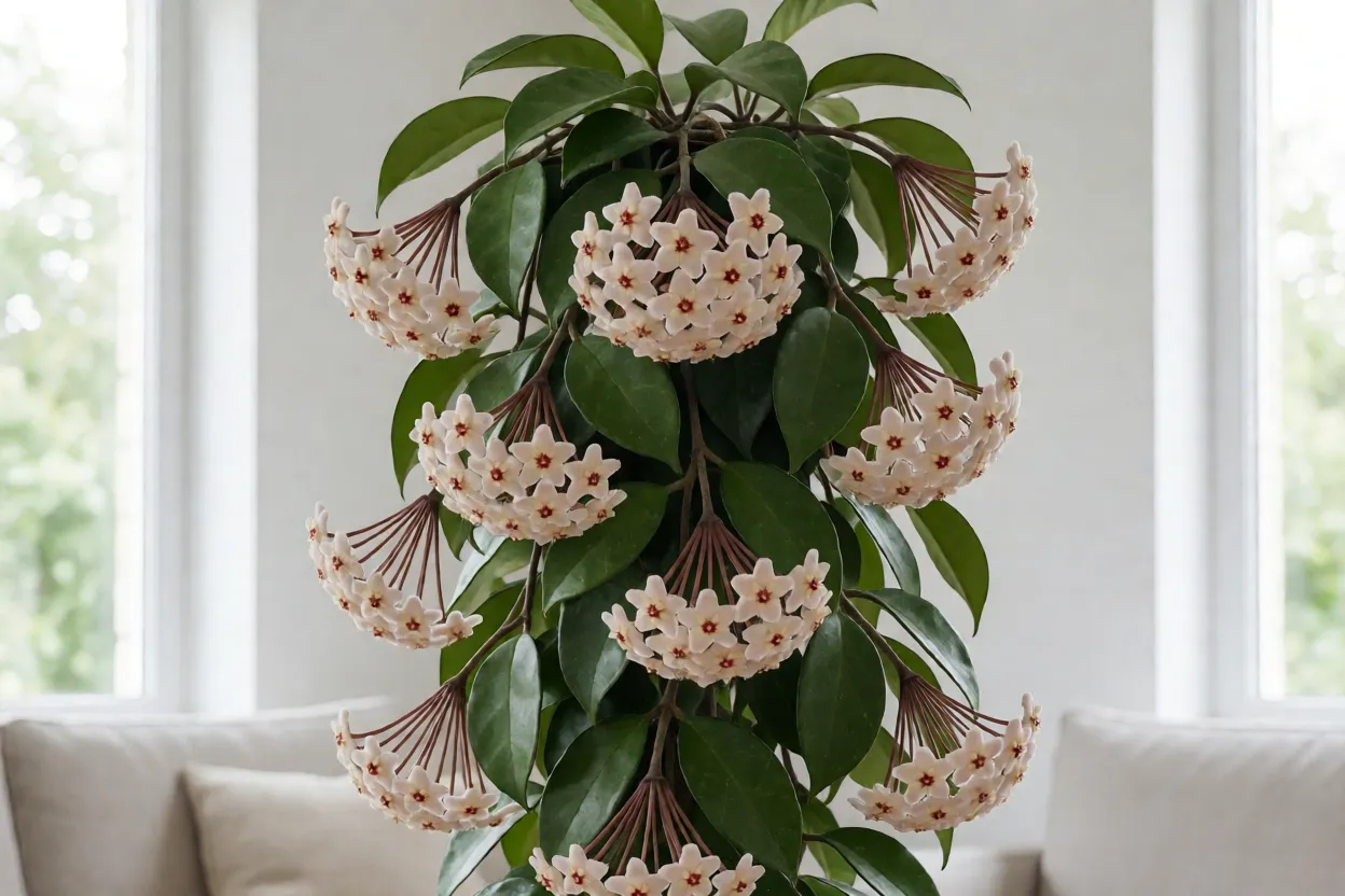 Flor-de-cera: variedades, características das flores e cuidados Flor-de-cera em plena floração, com vários buquês perfumados abertos entre as folhas