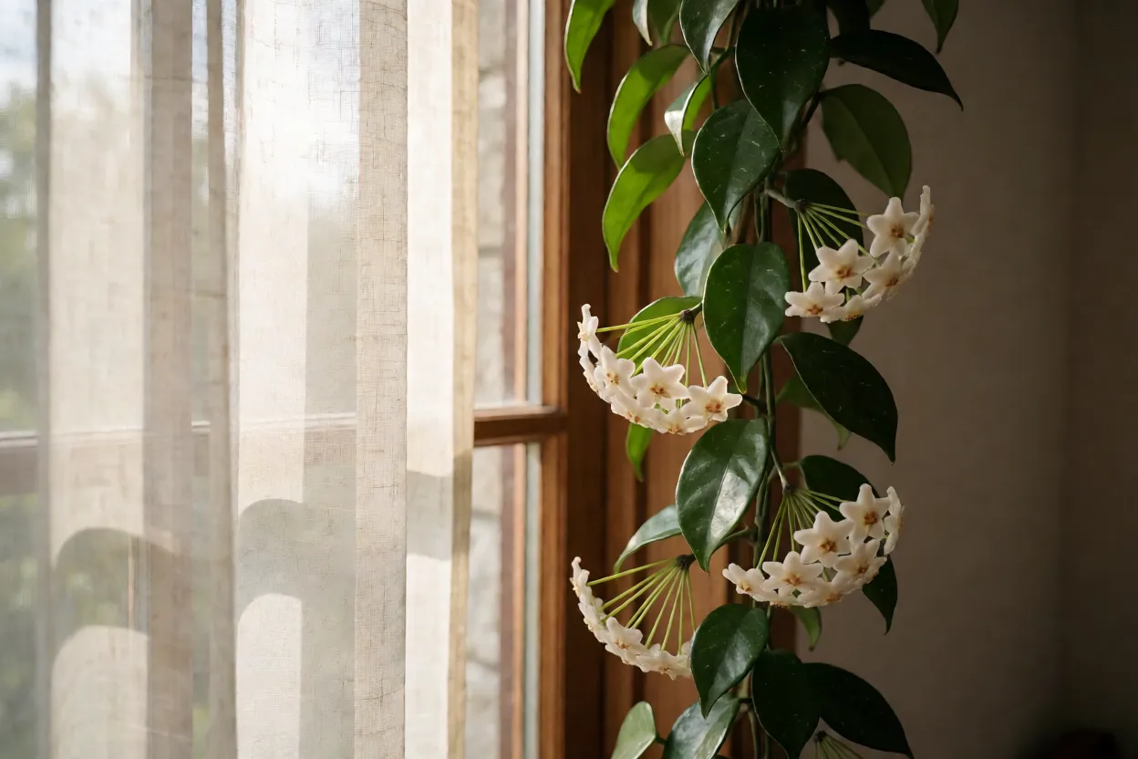 Flor-de-cera: variedades, características das flores e cuidados Flor-de-cera perto de janela voltada para leste com cortina fina filtrando a luz