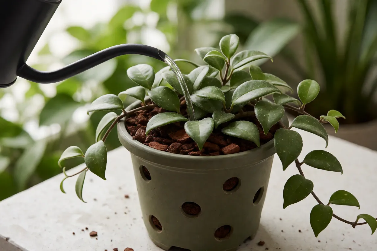 Flor-de-cera: variedades, características das flores e cuidados Rega da flor-de-cera com regador de bico fino, em vaso com furos e substrato com casca