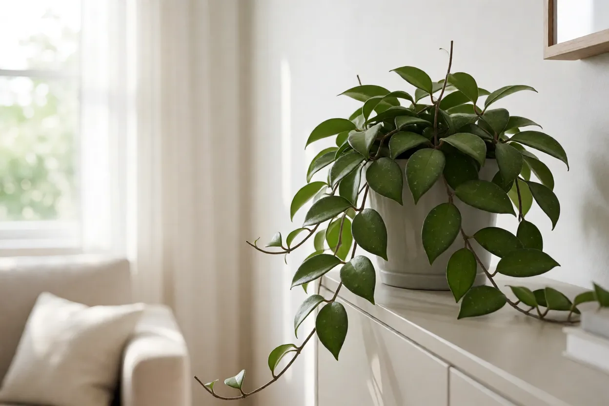 Flor-de-cera: variedades, características das flores e cuidados Flor-de-cera em prateleira de ambiente arejado e estável, longe de ar-condicionado
