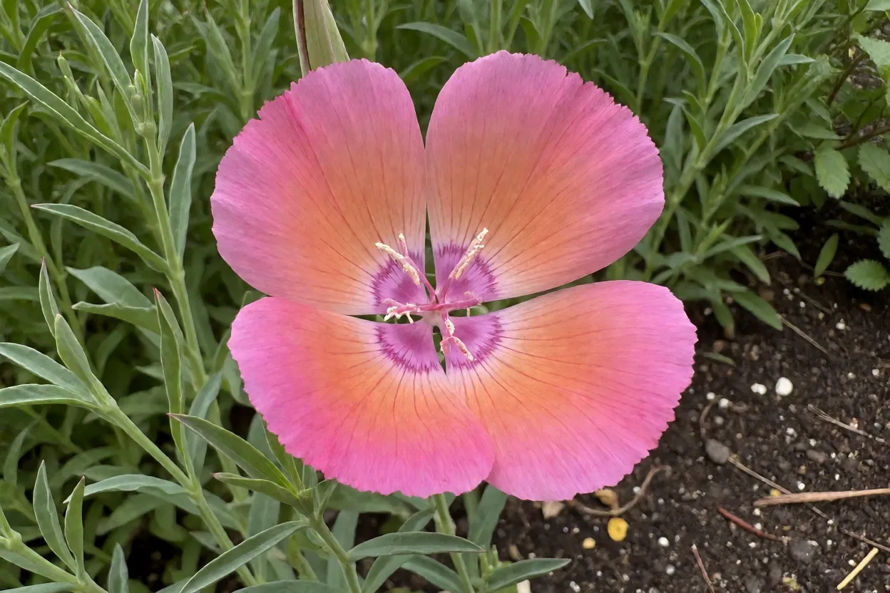 Flor-de-cetim adulta florida em canteiro de jardim com flores rosadas acetinadas