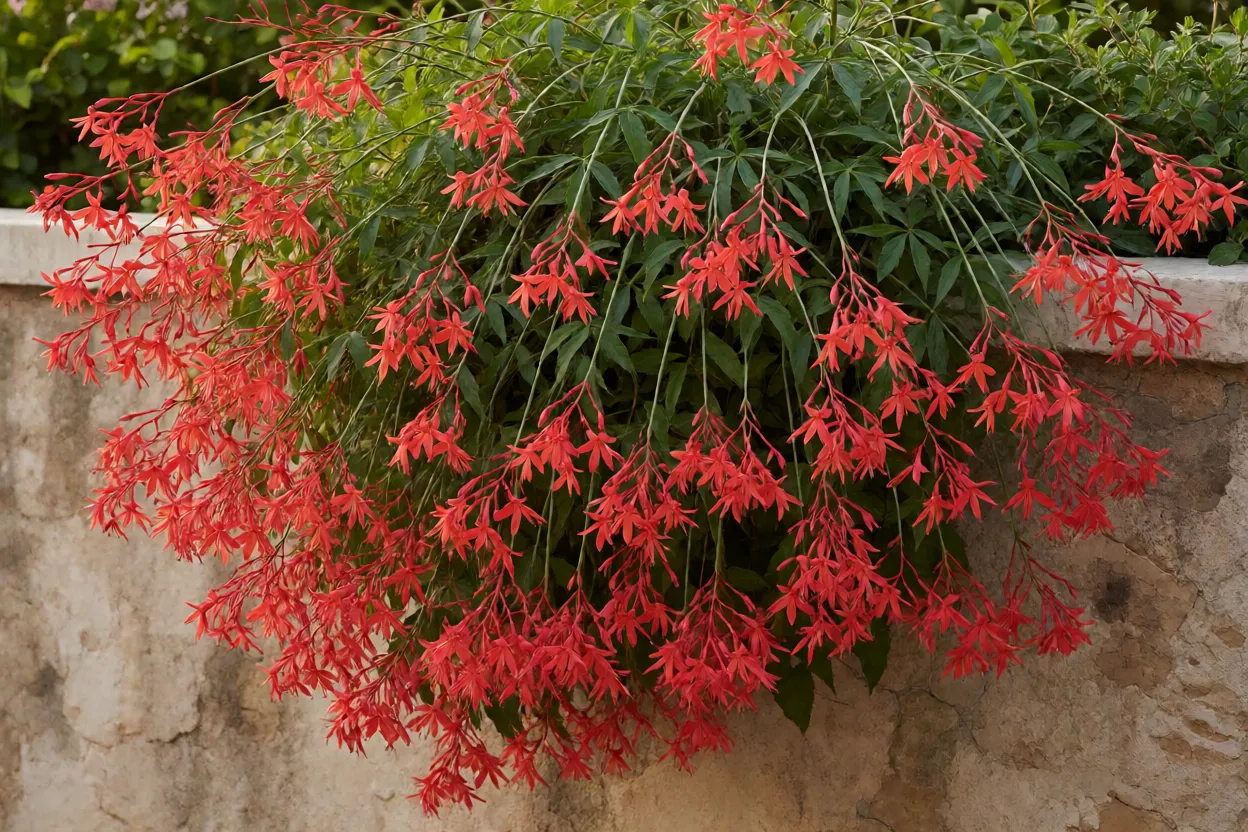 Flor-de-coral plantada em muro formando cascata