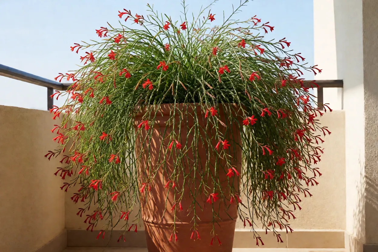 Flor-de-coral-vermelha adulta em vaso alto com ramos pendentes cheios de flores vermelhas
