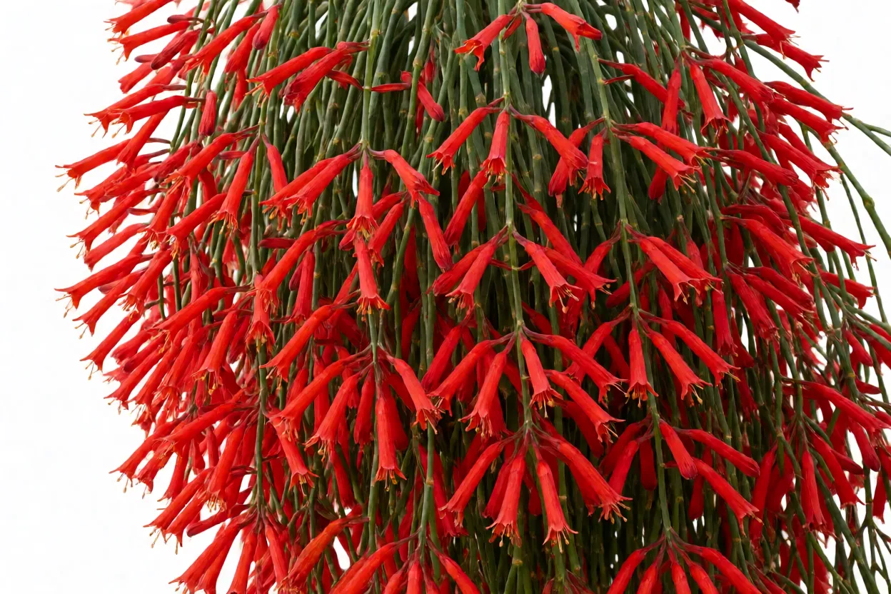 Flor-de-coral-vermelha com ramos pendentes e flores tubulares vermelhas em cascata
