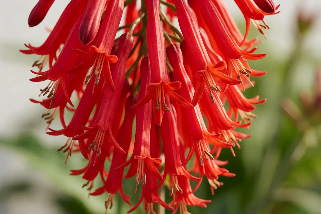 Flores tubulares vermelhas da flor-de-coral-vermelha em detalhe