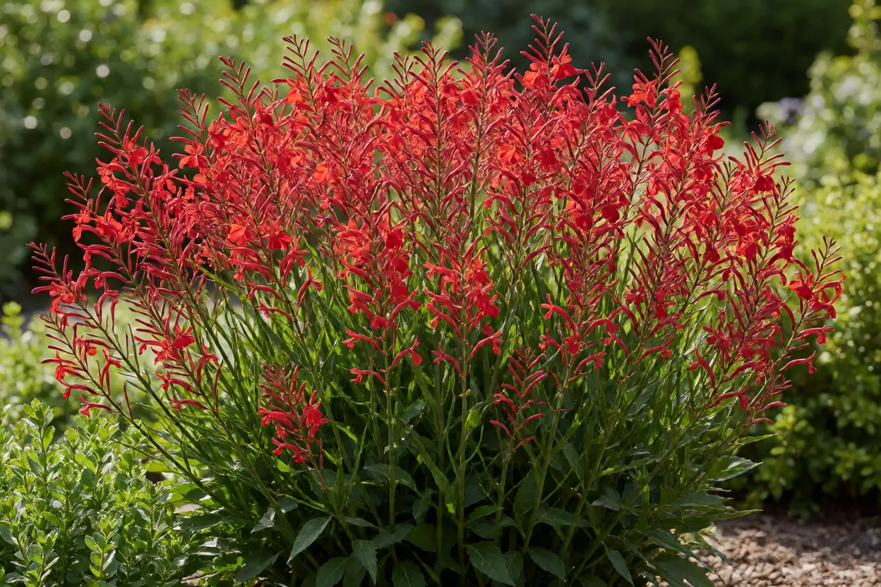 Aduba&ccedil;&atilde;o de flor-de-coral-vermelha em flora&ccedil;&atilde;o