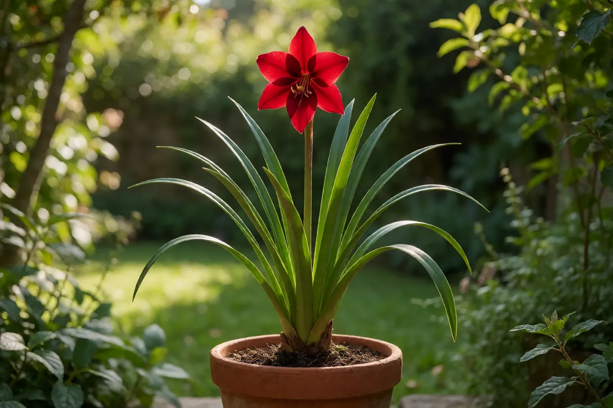 Flor-de-lis (Sprekelia formosissima) adulta em vaso de barro com flor vermelha aveludada