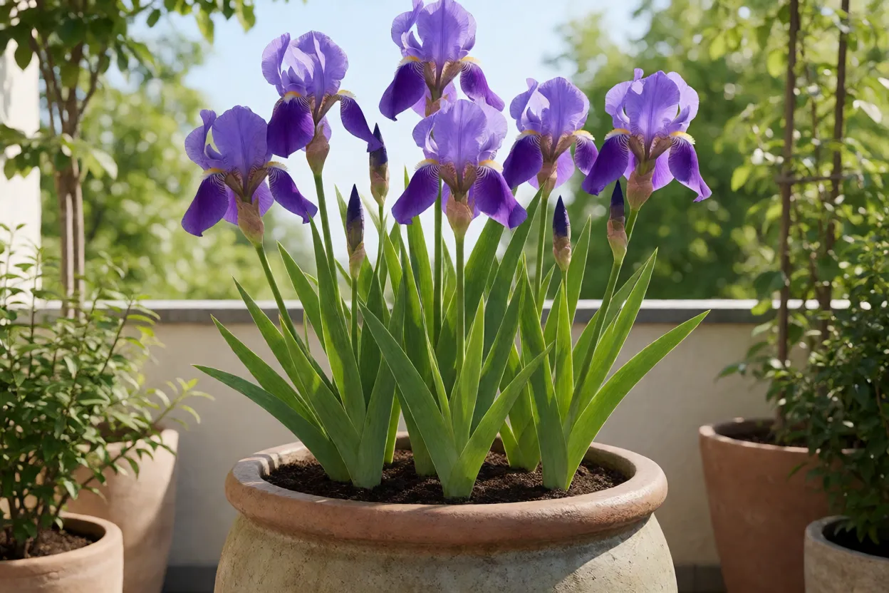 Flor-de-lis cultivada em vaso em varanda ensolarada