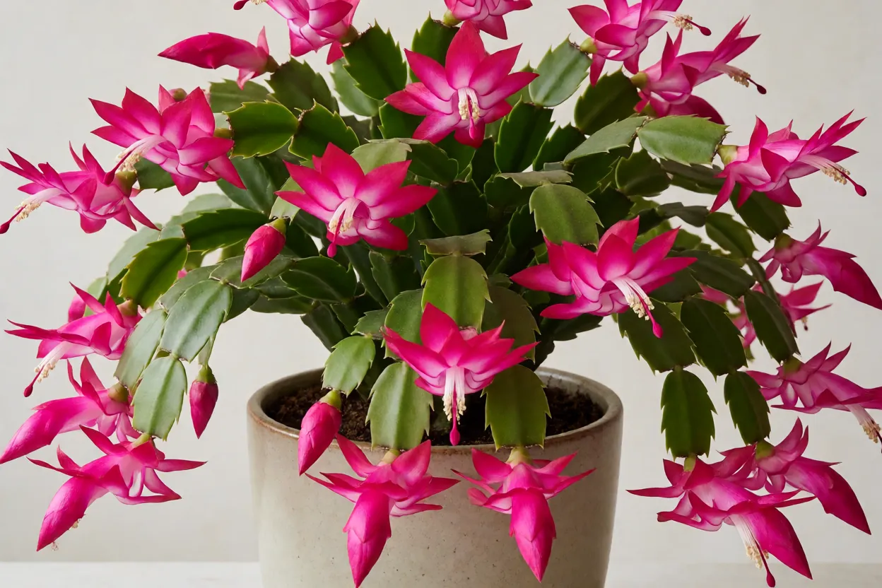 Flor-de-maio (Schlumbergera truncata) florida em vaso, com flores rosa nas pontas dos caules