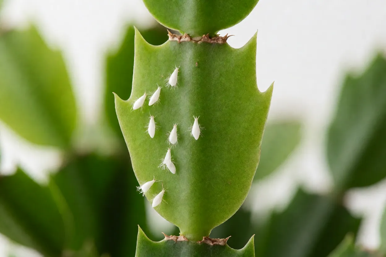 Detalhe de cochonilha-farinhenta em segmento de flor-de-maio