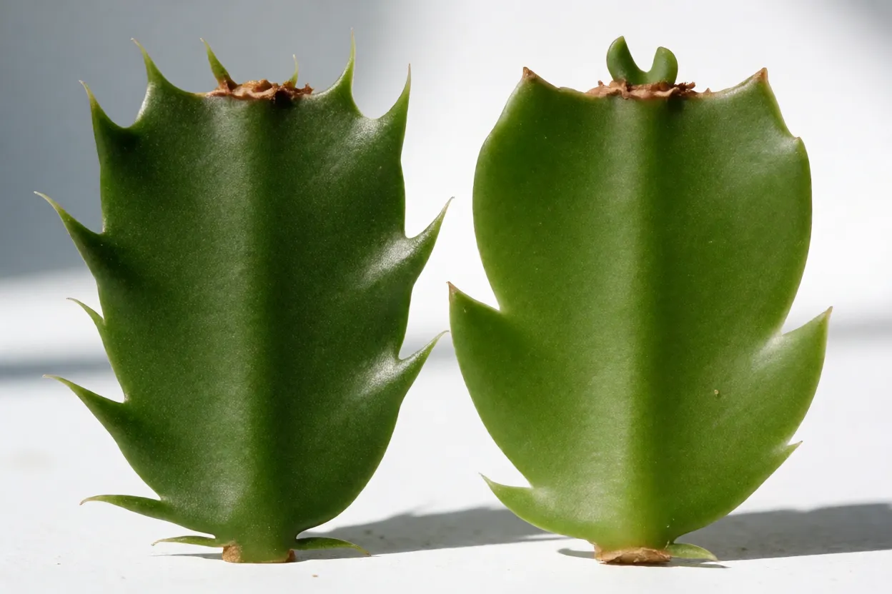 Compara&ccedil;&atilde;o entre segmentos serrilhados da Schlumbergera truncata e segmentos arredondados do cacto-de-natal