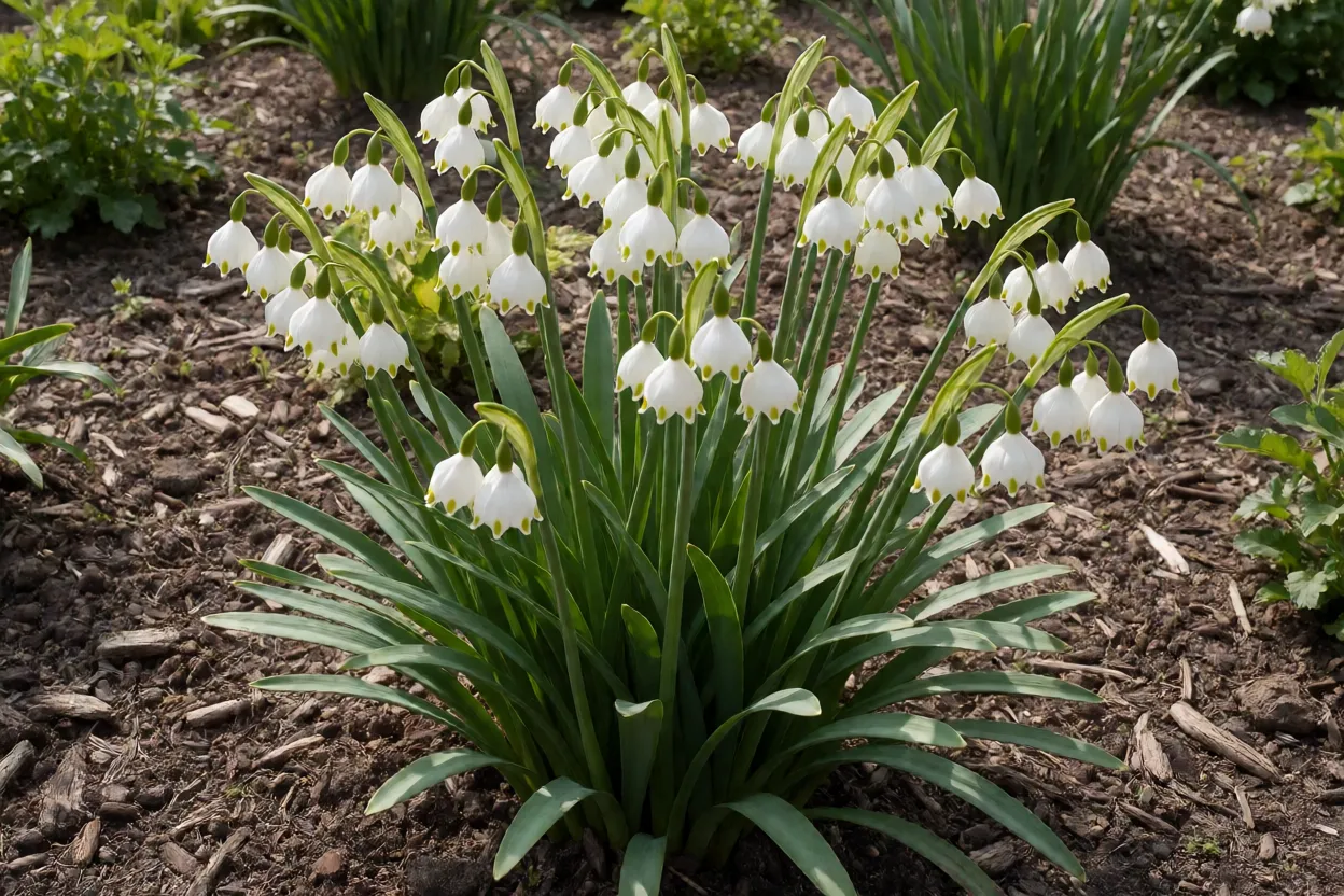 Flor-de-neve-de-verão adulta em canteiro com flores brancas pendentes