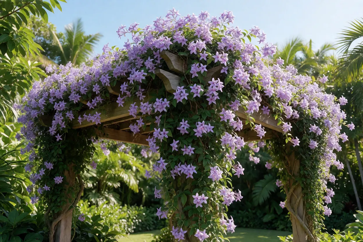 Flor-de-são-miguel adulta cobrindo pérgola com cachos lilás pendentes