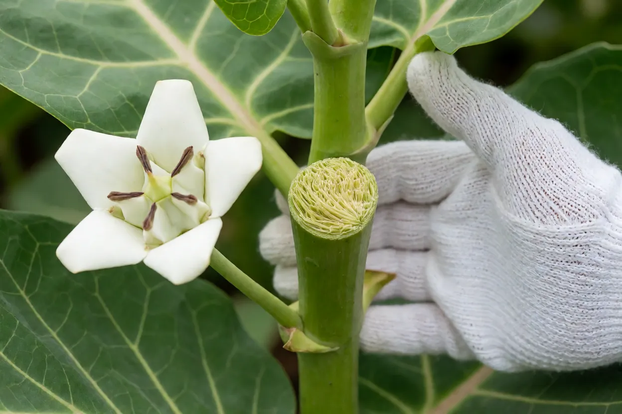 L&aacute;tex branco escorrendo de um corte em caule de flor-de-seda