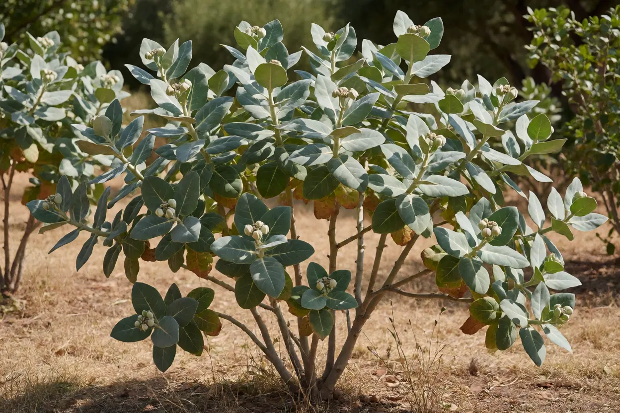 Arbusto de flor-de-seda com folhas cinza-esverdeadas e caules ramificados