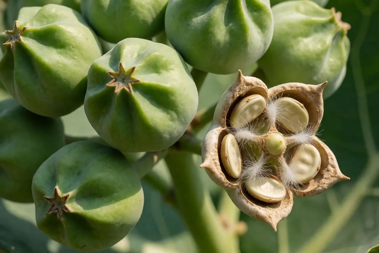 Frutos inflados e abertos de flor-de-seda soltando sementes com pelos sedosos
