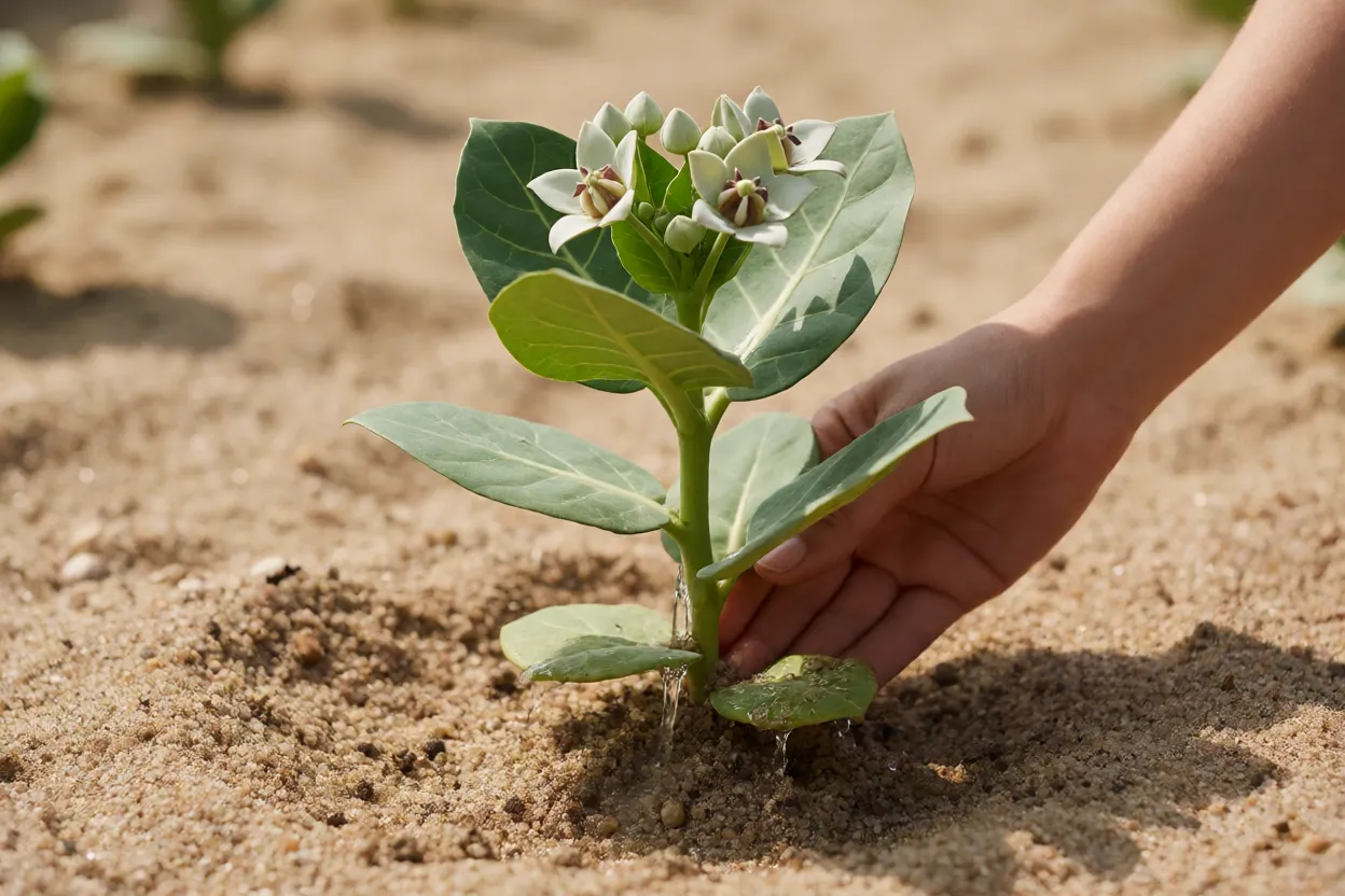Rega funda ao p&eacute; de uma flor-de-seda em solo arenoso