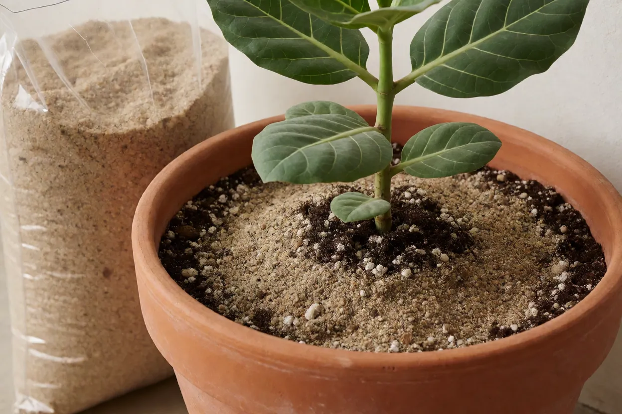 Vaso grande com flor-de-seda e substrato arenoso bem drenado