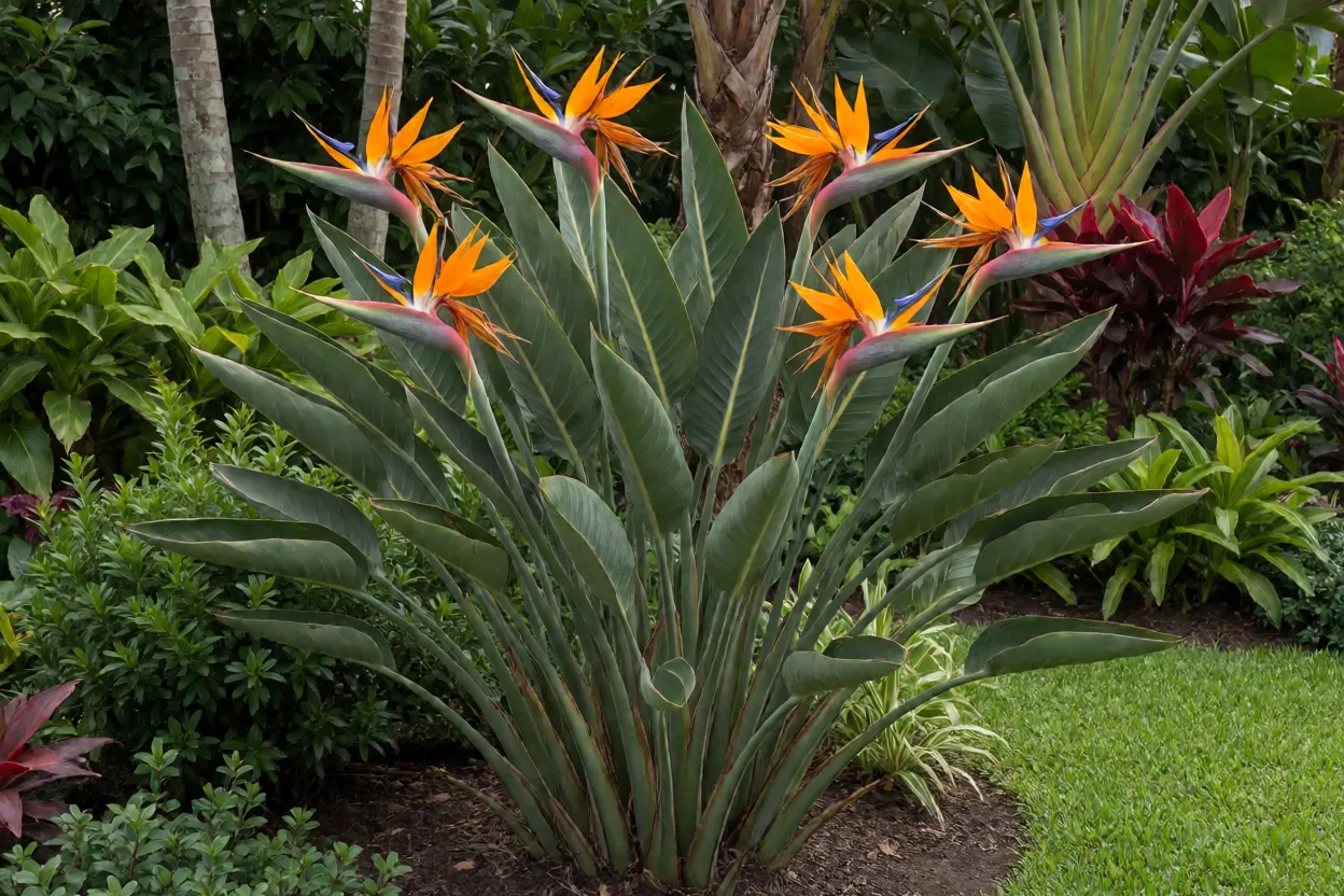 Flor-do-paraíso adulta com flores laranja e azul em canteiro de jardim tropical