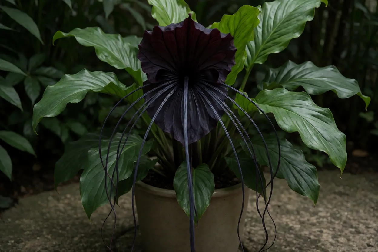 Flor-morcego preta adulta em vaso com brácteas escuras em forma de asa e longos filamentos