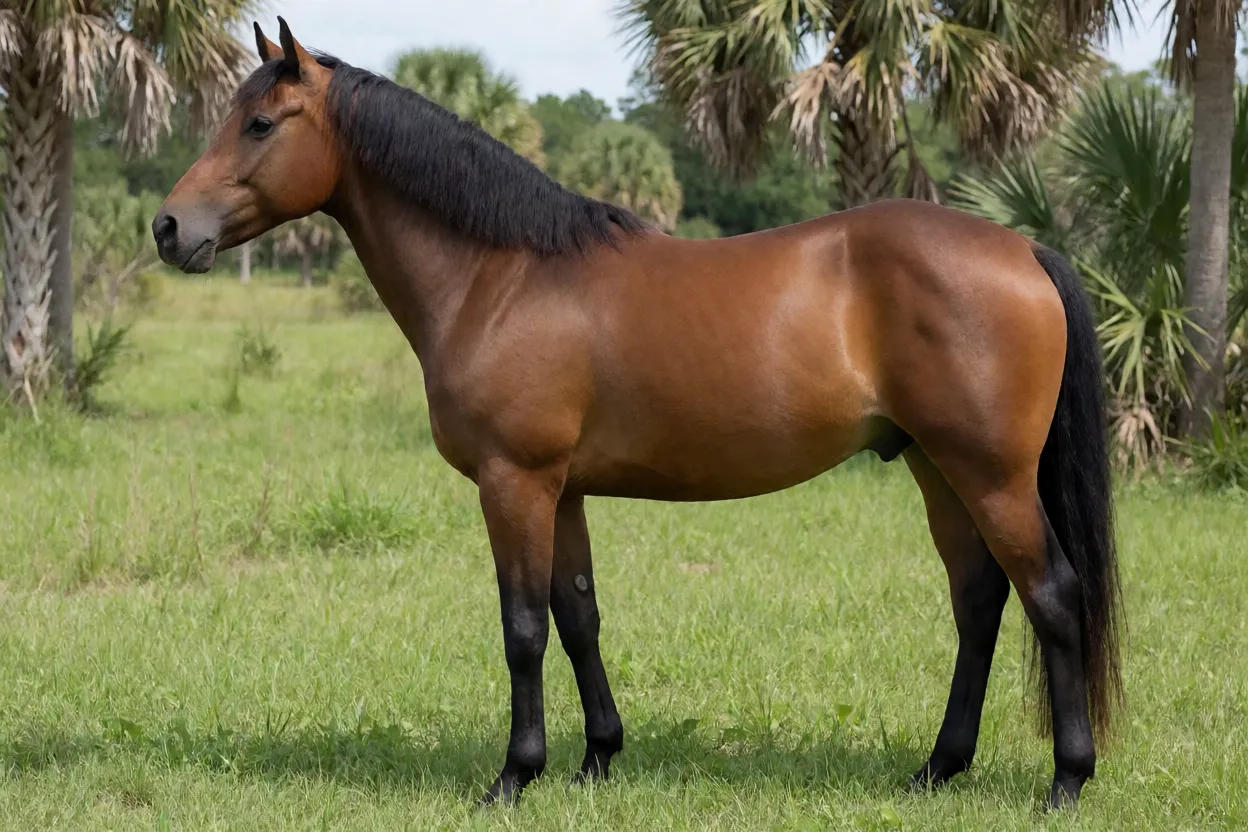 Cavalo Florida Cracker Horse adulto baio em pasto na Flórida, vista lateral