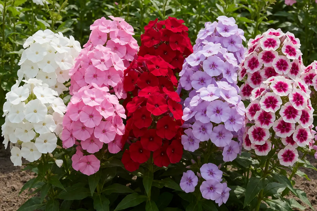 Variações de cores da flox: flores brancas, rosas, vermelhas, lilás e bicolores
