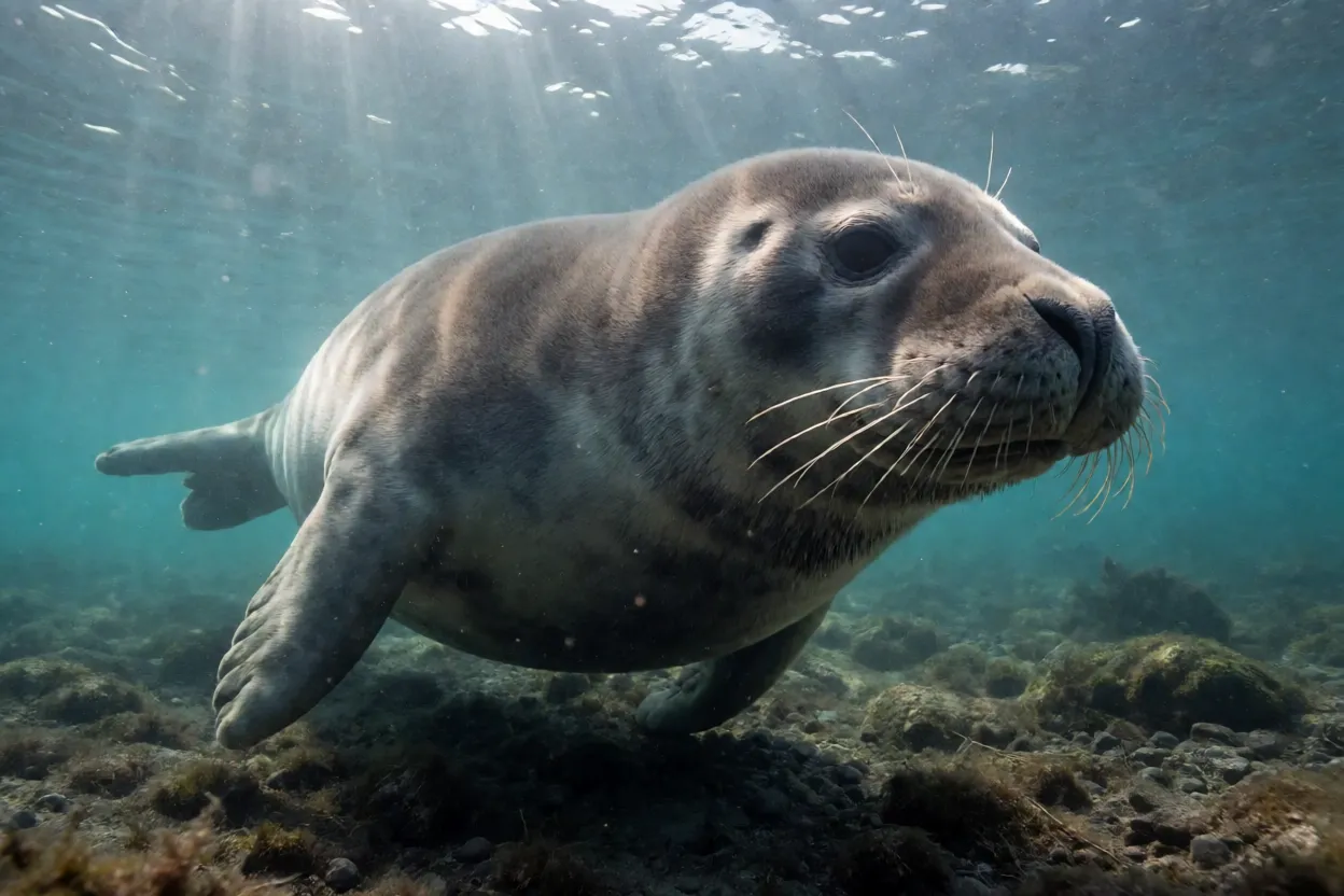 Foca-barbuda adulta nadando de corpo inteiro sob a água no Ártico