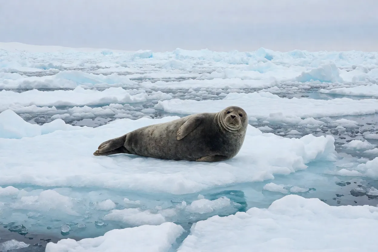 Foca-barbuda solitária descansando sobre gelo marinho no Ártico