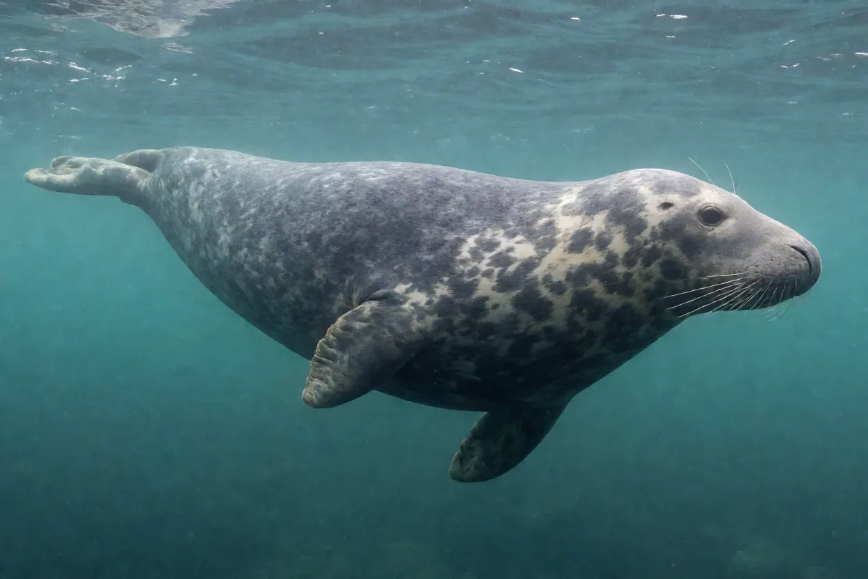 Foca-cinzenta adulta nadando de corpo inteiro em água do Atlântico