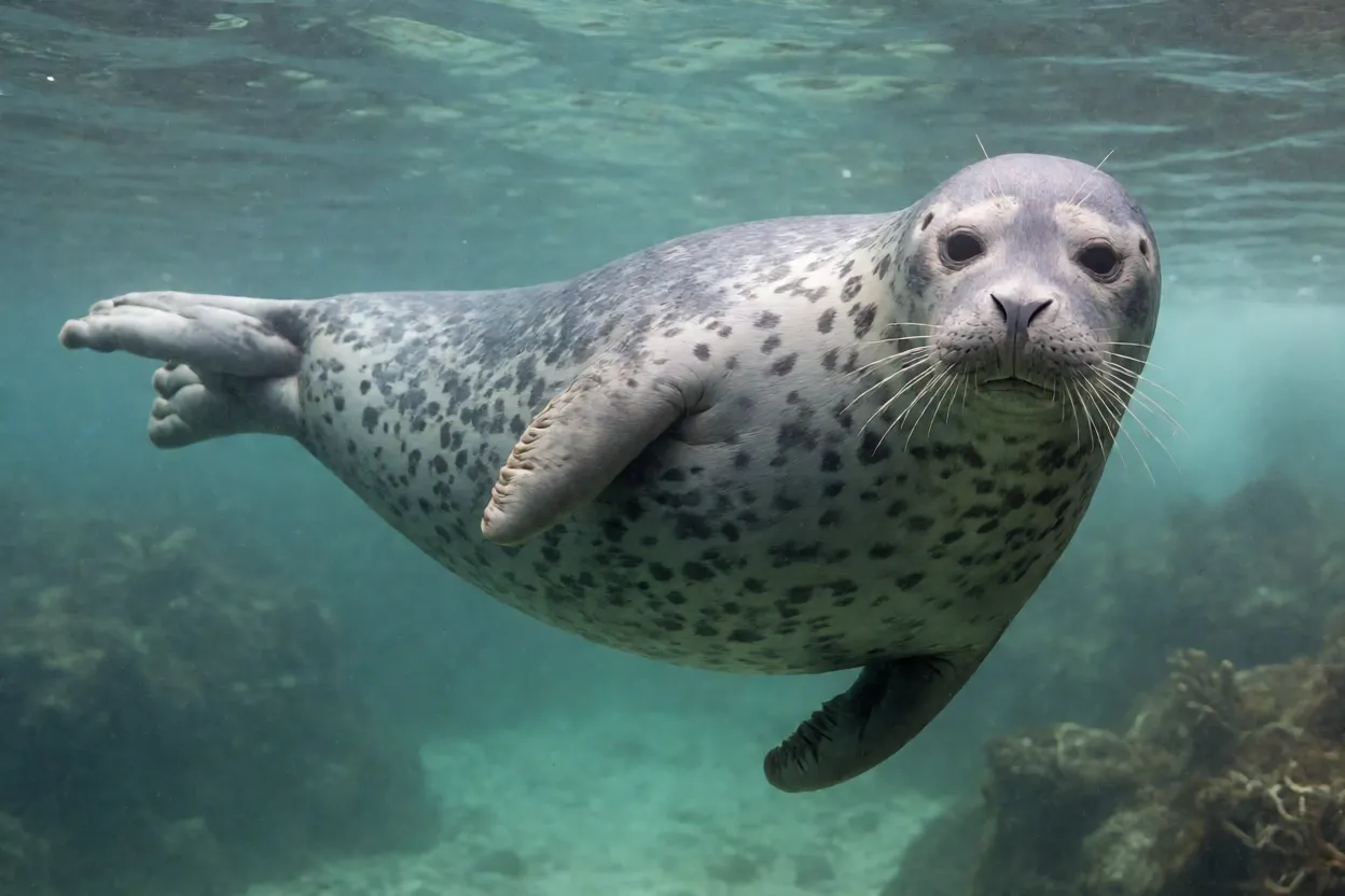Foca-comum Foca-comum nadando de corpo inteiro embaixo d'água
