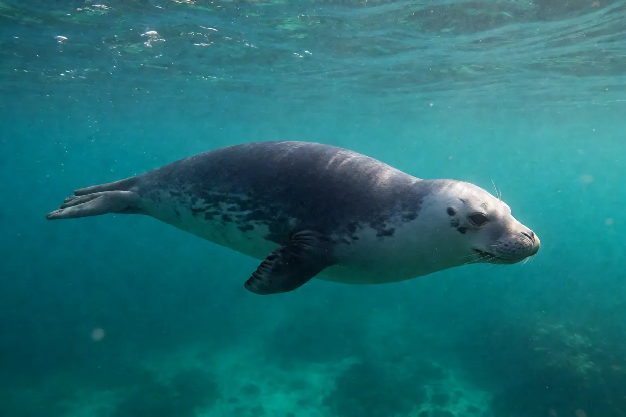 Foca-de-capuz nadando em águas profundas do Atlântico Norte