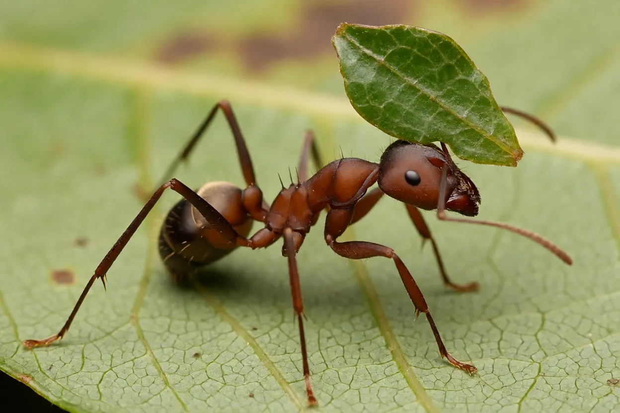 Formiga-carregadeira saúva carregando pedaço de folha verde
