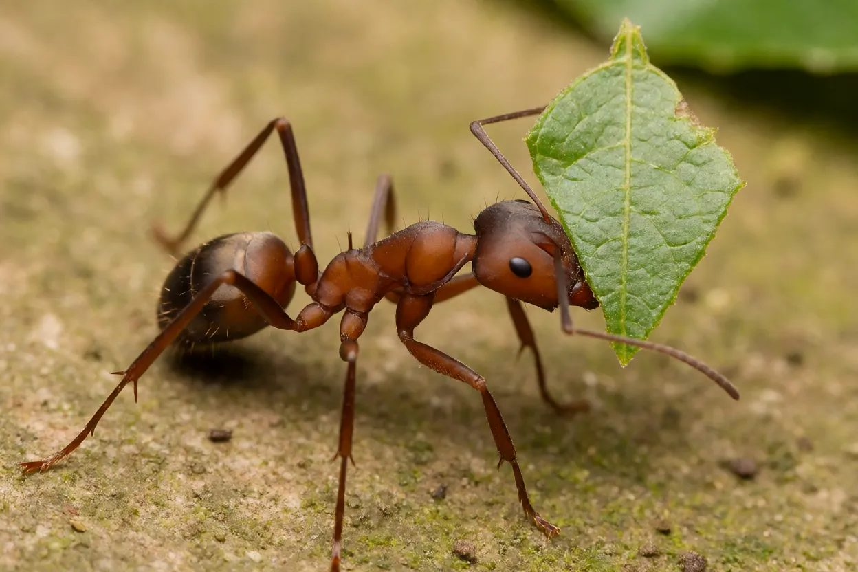 Formiga-cortadeira saúva carregando pedaço de folha verde na trilha