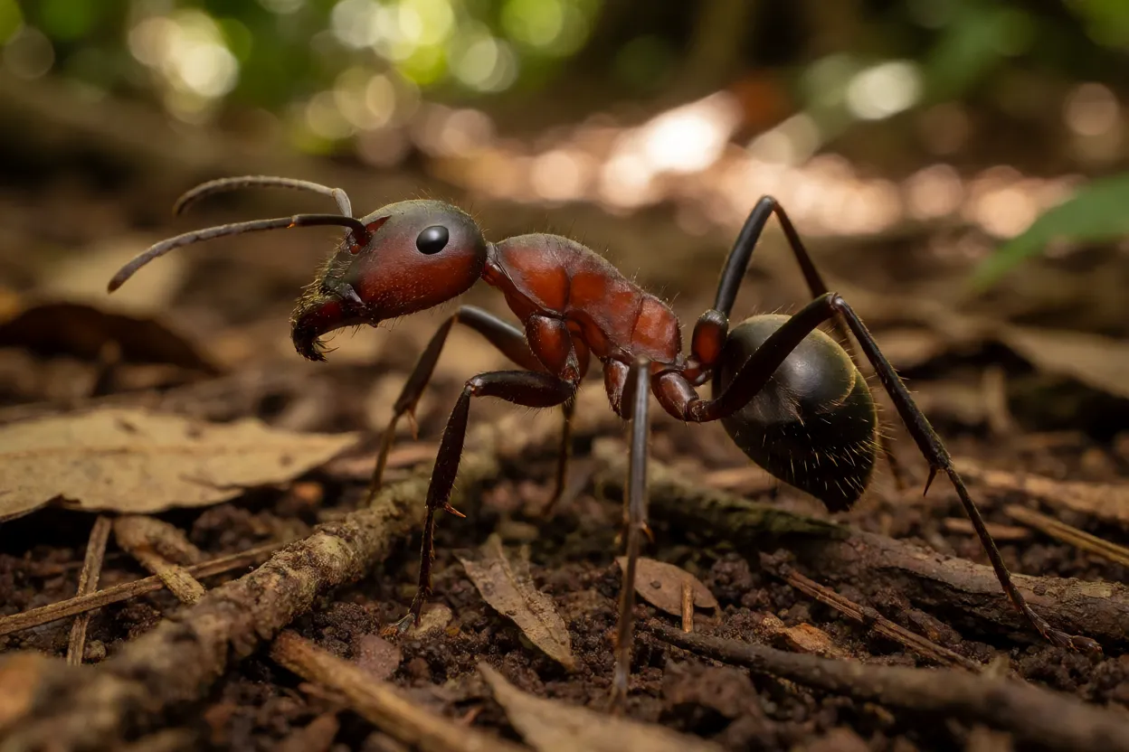 Formiga-gigante-da-malásia de corpo inteiro no chão da floresta tropical