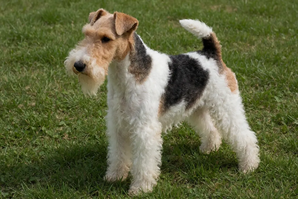Fox Terrier de Pelo Duro adulto em pé na grama mostrando pelagem de arame branca com manchas