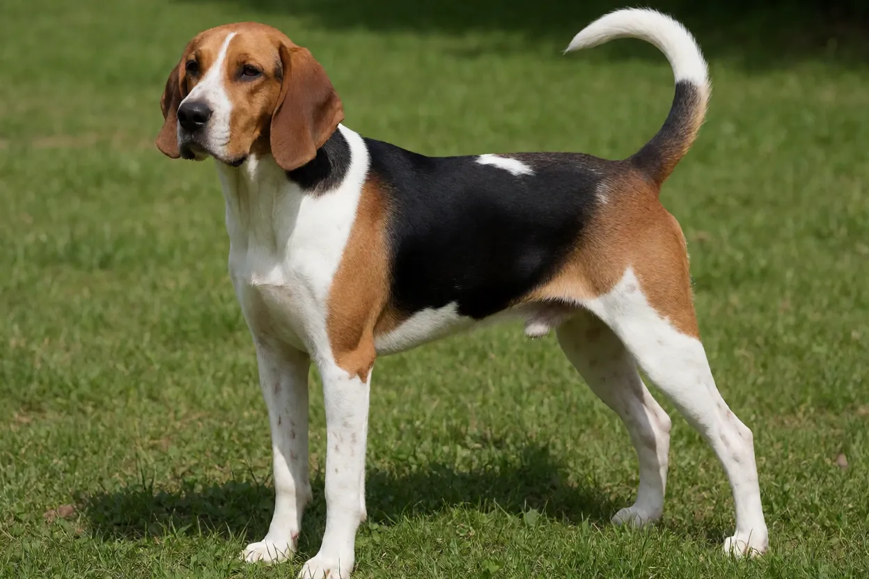 Foxhound Inglês adulto em pé de corpo inteiro ao ar livre com pelagem tricolor