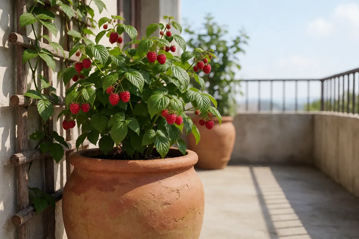 Framboeseira cultivada em vaso grande em varanda ensolarada