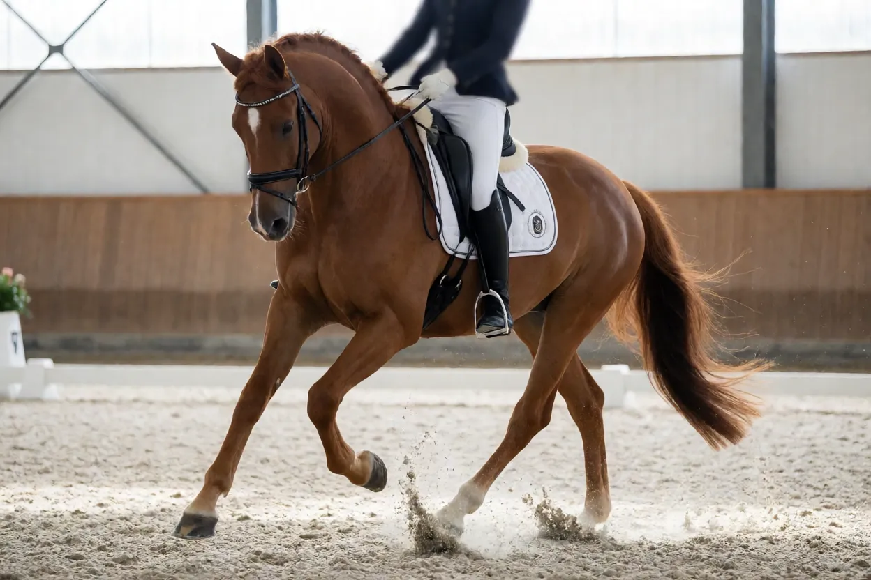 Cavalo Frederiksborger em trote elevado na pista