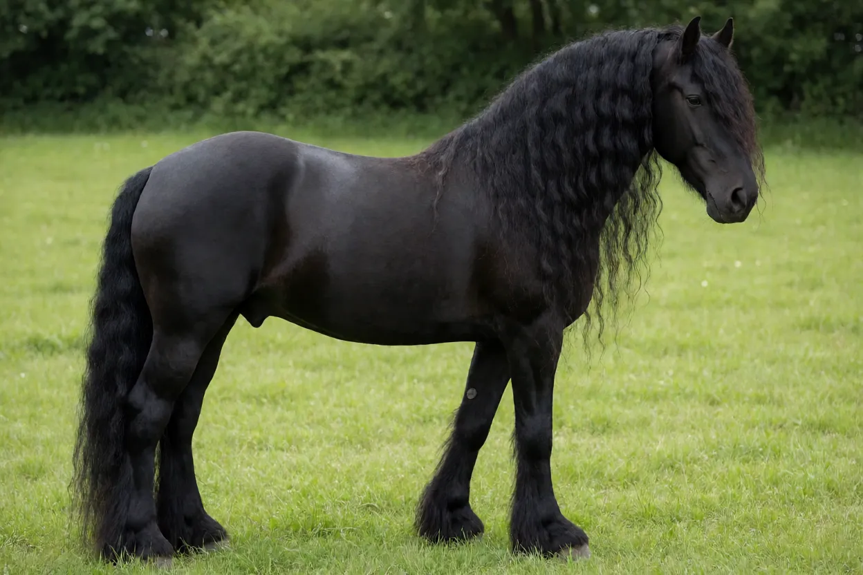 Cavalo Frísio adulto preto de corpo inteiro em pasto verde