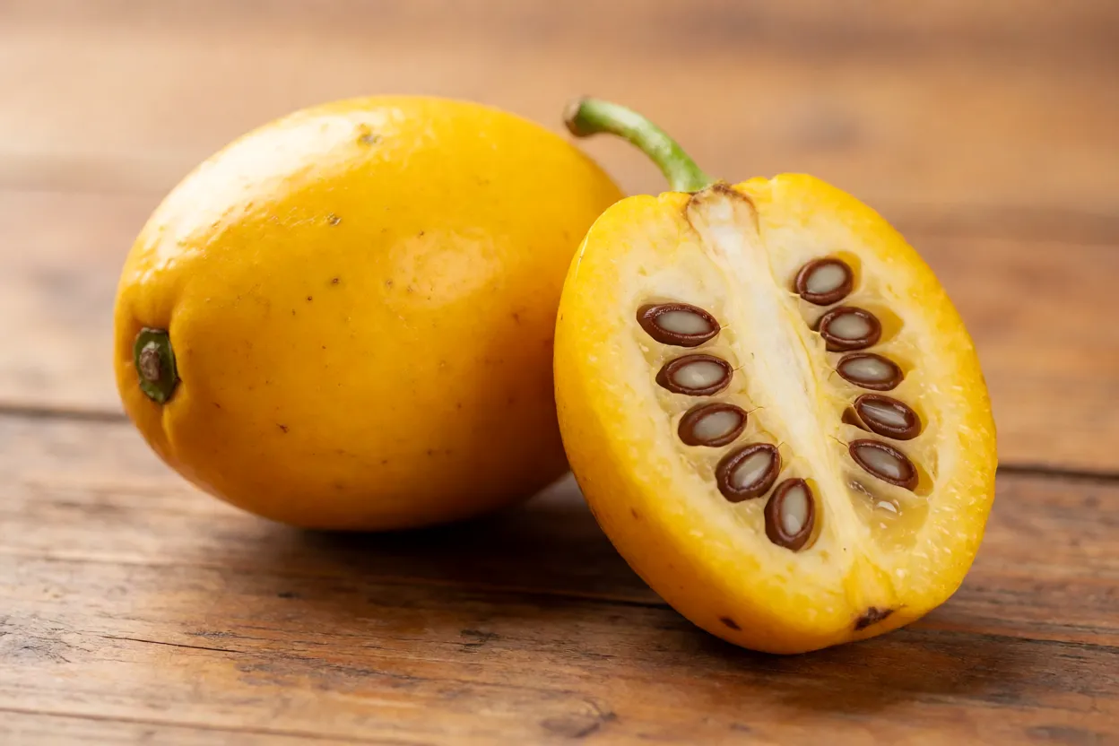 Fruta-de-lobo madura inteira e cortada mostrando polpa e sementes